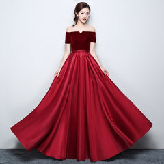 Wine Red Satin with Velvet Prom Dress, Off Shoulder A-line Formal Dress Evening Dress