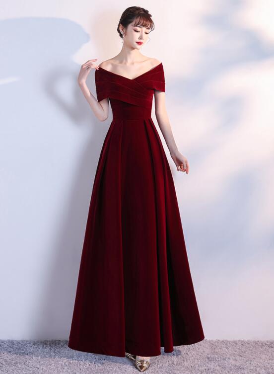 Elegant Wine Red Long Off Shoulder Velvet Party Dress, A-line Long Prom Dress
