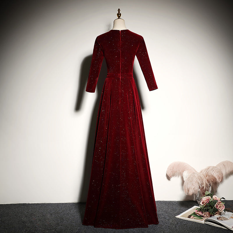 Wine Red Velvet And Tulle A-Line Floor Length Party Dress, Wine Red Long Prom Dress main image 1