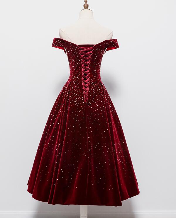 Beautiful Wine Red Tea Length Sweetheart Party Dress, Velvet Bridesmaid Dress Prom Dress