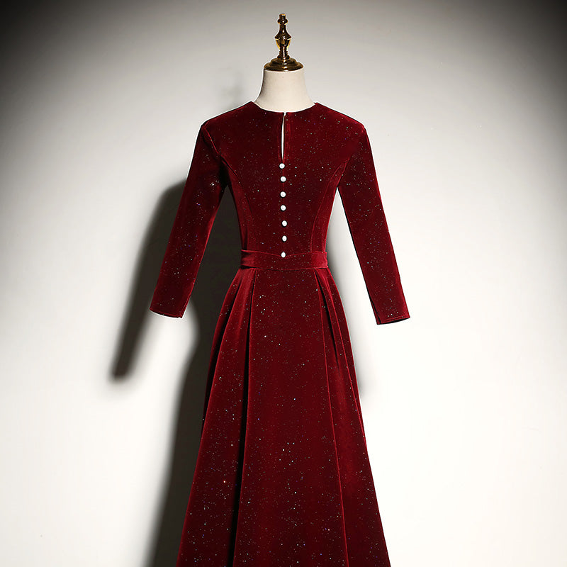 New Style Wine Red Velvet Long Sleeves Prom Dress, A-line Floor Length Cutedressy New Style Wine Red Velvet Long Sleeves Prom Dress, A-line Floor Length Cutedressy