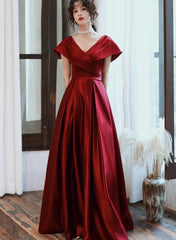 Fashionable Wine Red Satin A-line Floor Length Junior Prom Dress, Long Evening Dress
