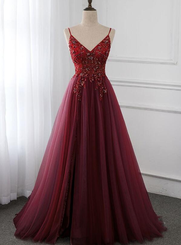Gorgeous Wine Red Beaded Floor Length Party Dress,Burgundy Junior Prom Dress 