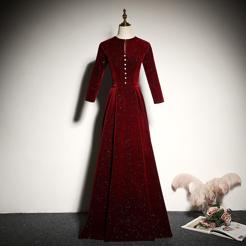 New Style Wine Red Velvet Long Sleeves Prom Dress, A-line Floor Length Cutedressy New Style Wine Red Velvet Long Sleeves Prom Dress, A-line Floor Length Cutedressy