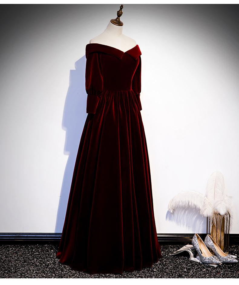 Chic Off Shoulder Long Sleeves Velvet Party Dress, Wine Red Prom Dress Evening Dress Chic Off Shoulder Long Sleeves Velvet Party Dress, Wine Red Prom Dress Evening Dress