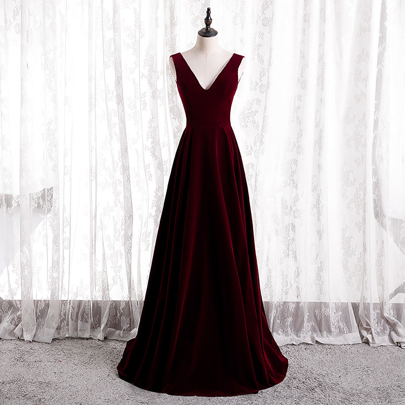 Wine Red V-neckline Velvet Long Bridesmaid Dress Party Dress, A-line S Cutedressy Wine Red V-neckline Velvet Long Bridesmaid Dress Party Dress, A-line S Cutedressy