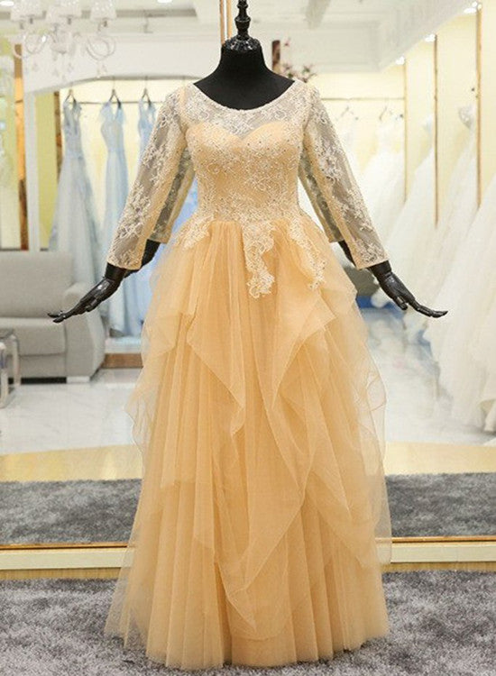 Beautiful Yellow Tulle Long Sleeves Lace Party Gowns, Beautiful Formal Dress