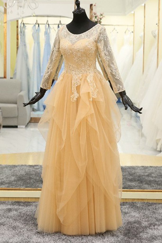 Beautiful Yellow Tulle Long Sleeves Lace Party Gowns, Beautiful Formal Dress