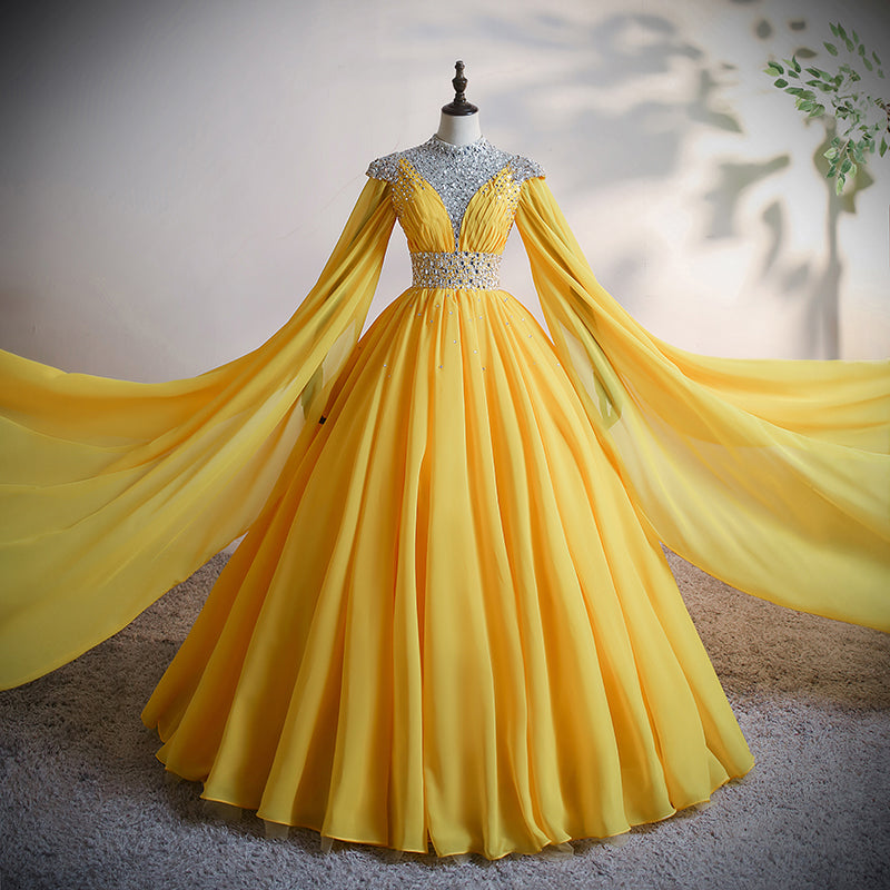 Yellow Chiffon Long Beaded Ball Gown Formal Dress, Yellow Formal Dress, Prom Dress