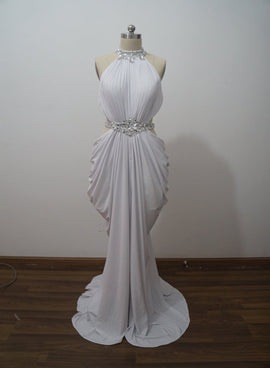 Sexy Halter Spandex with Beaded Long Formal Gown, White Evening Party Dress